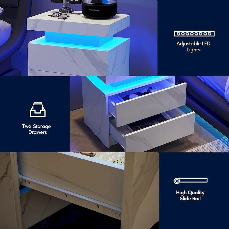 Table de chevet/Table de nuit en bois moderne avec lumières LED et 2 tiroirs