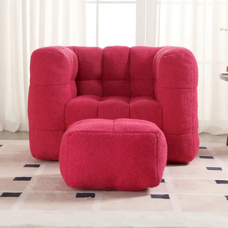 Fauteuil de salon simple et moderne en tissu bouclette capitonné avec ottoman