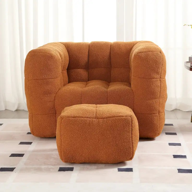 Fauteuil de salon simple et moderne en tissu bouclette capitonné avec ottoman