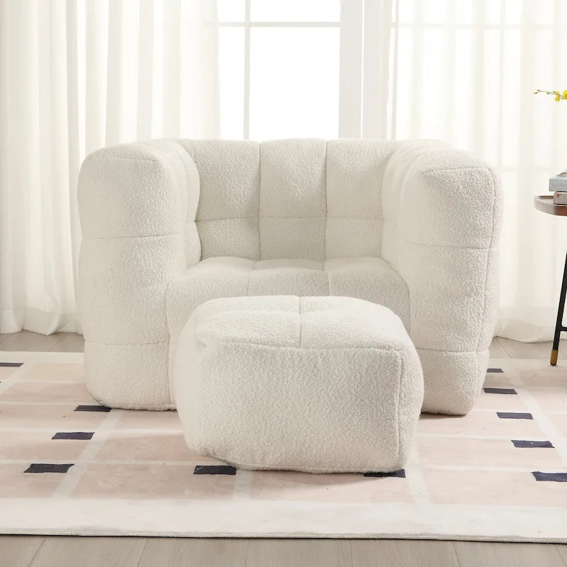 Fauteuil de salon simple et moderne en tissu bouclette capitonné avec ottoman