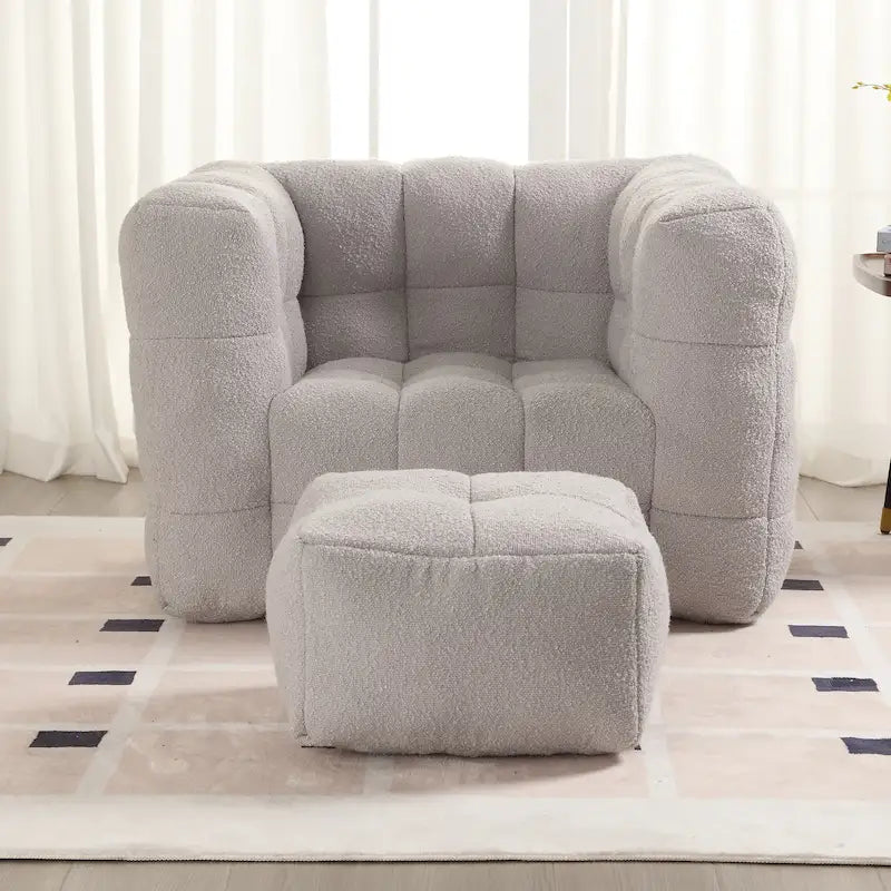 Fauteuil de salon simple et moderne en tissu bouclette capitonné avec ottoman