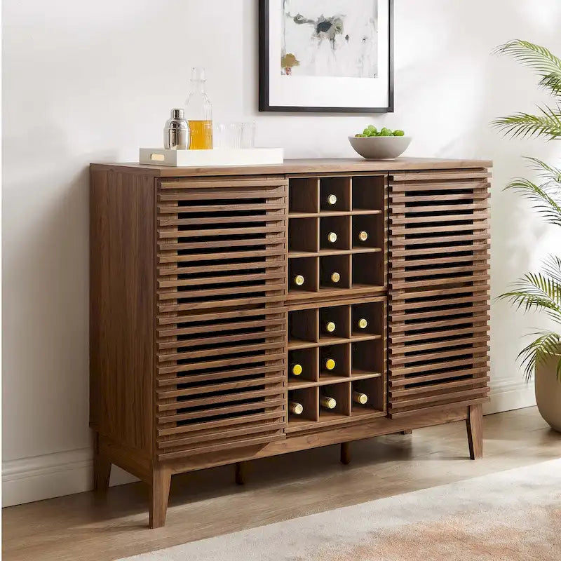 Meuble bar noyer Mid-Century avec porte-bouteilles et étagères ajustables