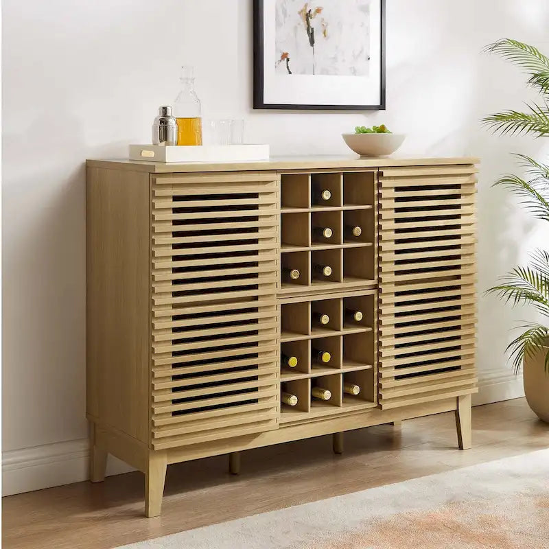 Meuble bar noyer Mid-Century avec porte-bouteilles et étagères ajustables