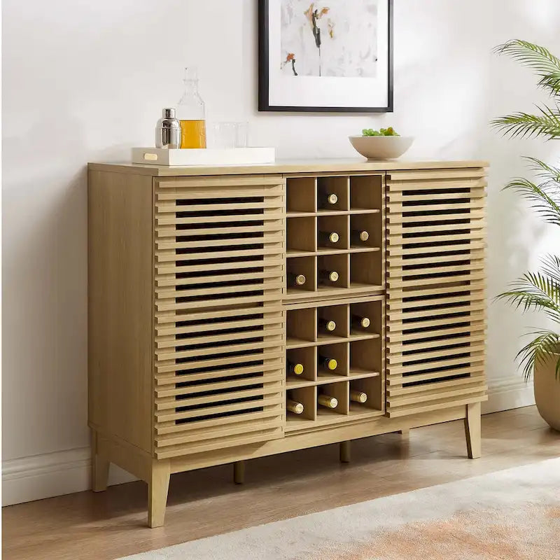 Meuble bar noyer Mid-Century avec porte-bouteilles et étagères ajustables