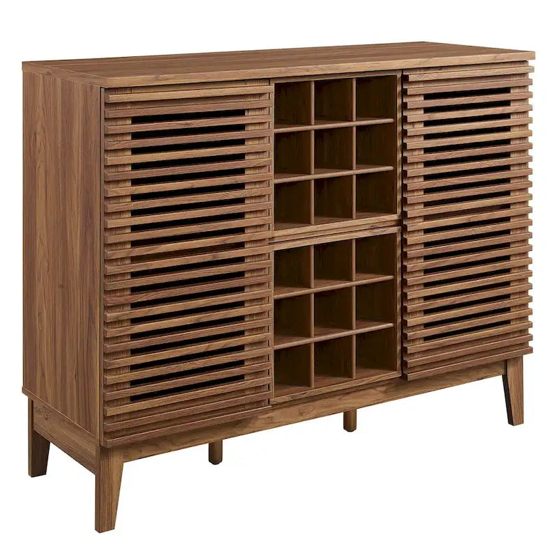 Meuble bar noyer Mid-Century avec porte-bouteilles et étagères ajustables