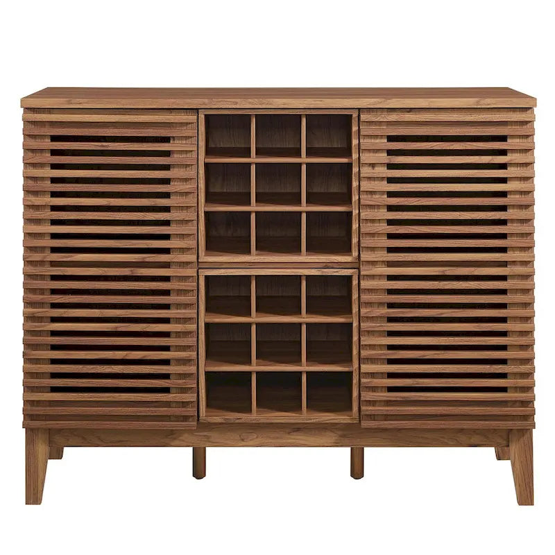 Meuble bar noyer Mid-Century avec porte-bouteilles et étagères ajustables