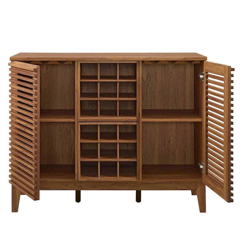 Meuble bar noyer Mid-Century avec porte-bouteilles et étagères ajustables