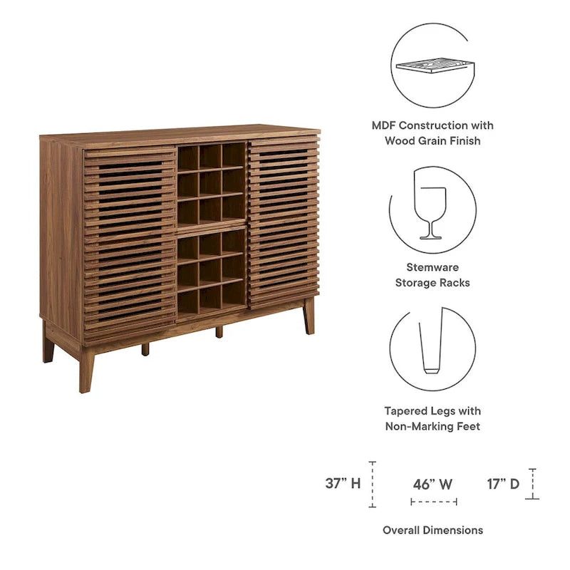 Meuble bar noyer Mid-Century avec porte-bouteilles et étagères ajustables
