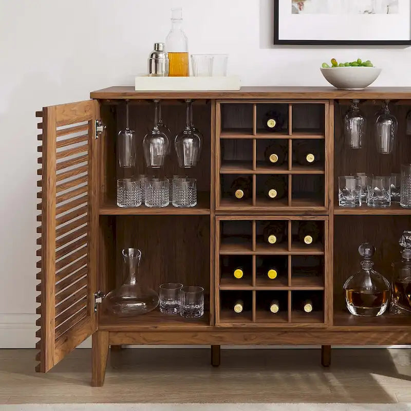 Meuble bar noyer Mid-Century avec porte-bouteilles et étagères ajustables